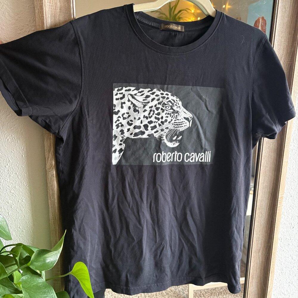 Roberto Cavalli Black Leopard Graphic Men's Shirt - Large (fits like Medium)